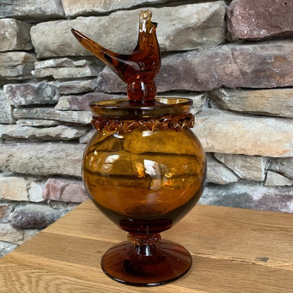 VTG Compote Hand Blown Rigaree Trim Lidded Rooster Amber Pedestal Art Glass - Picture 5 of 12